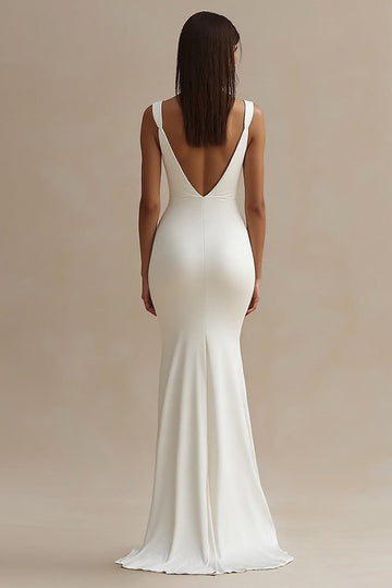 White Satin Mermaid V Neck Long Formal Dress with Slit